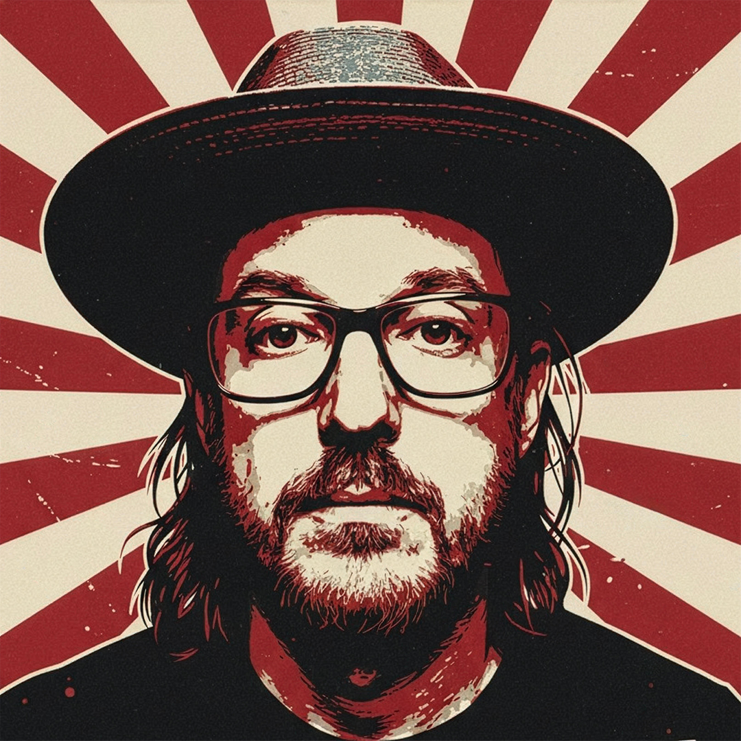 A high contrast image of Derich Wittliff looking at camera with graohic sunrays in the background.